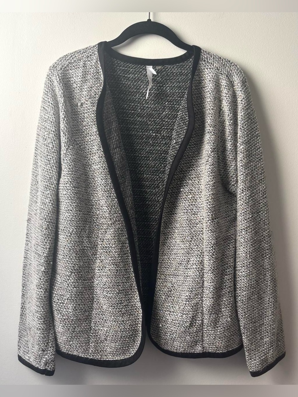 Grey and black sequined tweed knit open front cardigan sweater / jacket